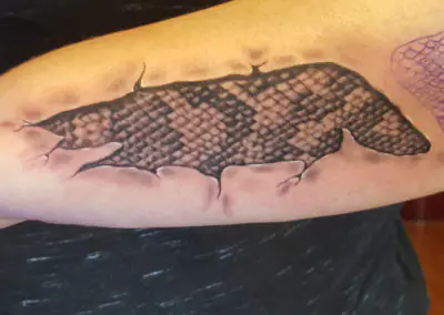 Tatouage réaliste d'écailles de serpent en trompe-l'œil sur l'avant-bras